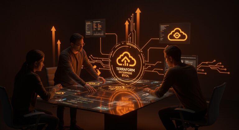 Equipo de startup utilizando Terraform Enterprise BYOL para automatización y control multinube en infraestructura como código.