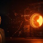 Reactor nuclear Natrium de TerraPower iluminado en naranja profundo con silueta de Bill Gates, simbolizando innovación en energía limpia y tecnología avanzada.