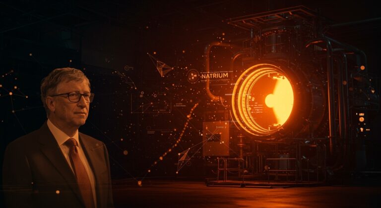 Reactor nuclear Natrium de TerraPower iluminado en naranja profundo con silueta de Bill Gates, simbolizando innovación en energía limpia y tecnología avanzada.