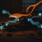 Computadora de Tesla Model 3 conectada a escritorio usando hardware automotriz reciclado, destacando hacking ético y sistemas embebidos en movilidad e IoT.