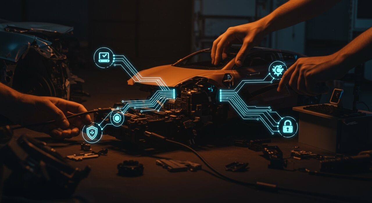 Computadora de Tesla Model 3 conectada a escritorio usando hardware automotriz reciclado, destacando hacking ético y sistemas embebidos en movilidad e IoT.