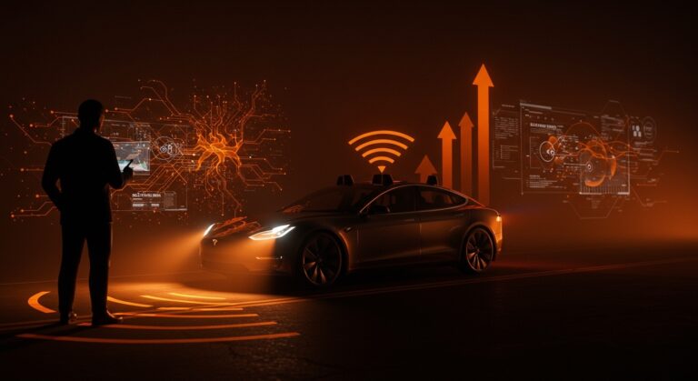 Tesla y la investigación federal sobre conducción autónoma con elementos visuales de software AI y tecnología automotriz regulatoria.