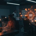 Profesionales en una sala de tesorería empresarial colaborando con interfaces digitales que muestran pagos corporativos y conexiones fintech en Colombia y LATAM.