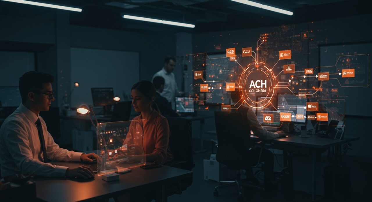 Profesionales en una sala de tesorería empresarial colaborando con interfaces digitales que muestran pagos corporativos y conexiones fintech en Colombia y LATAM.