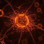 Ilustración de moléculas de THC eliminando proteínas beta amiloide en neuronas, destacando la neuroprotección con cannabinoides en la investigación sobre Alzheimer.