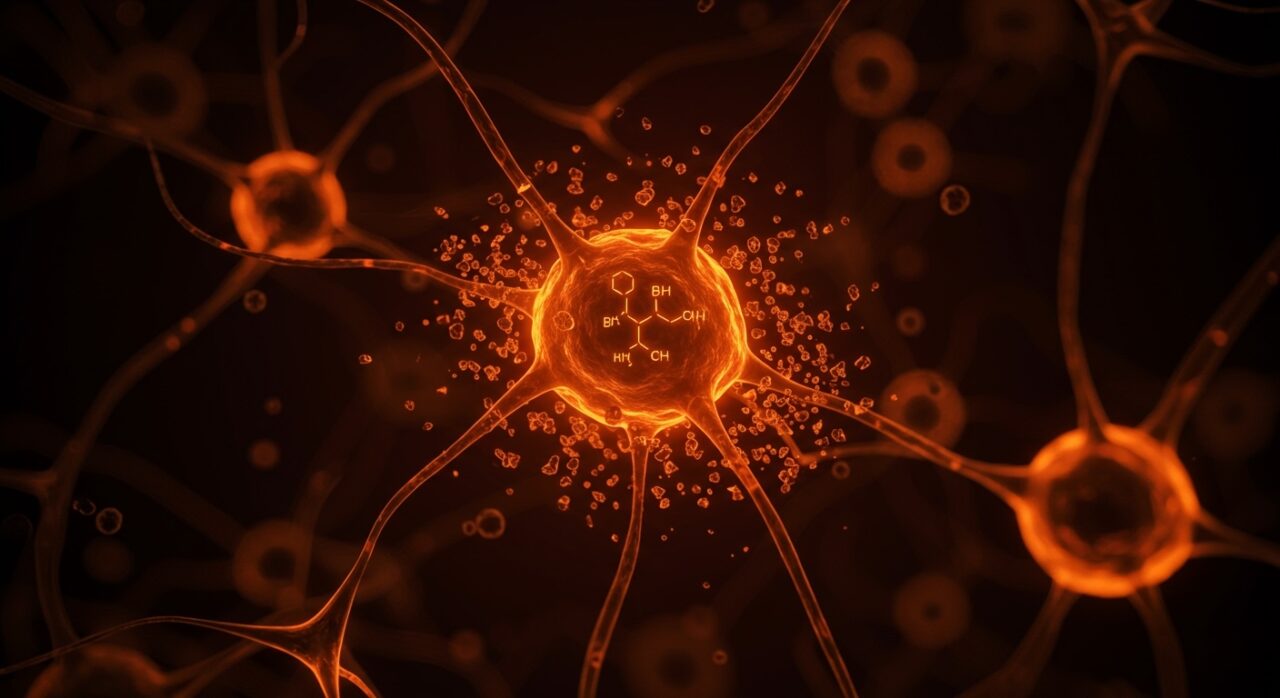 Ilustración de moléculas de THC eliminando proteínas beta amiloide en neuronas, destacando la neuroprotección con cannabinoides en la investigación sobre Alzheimer.