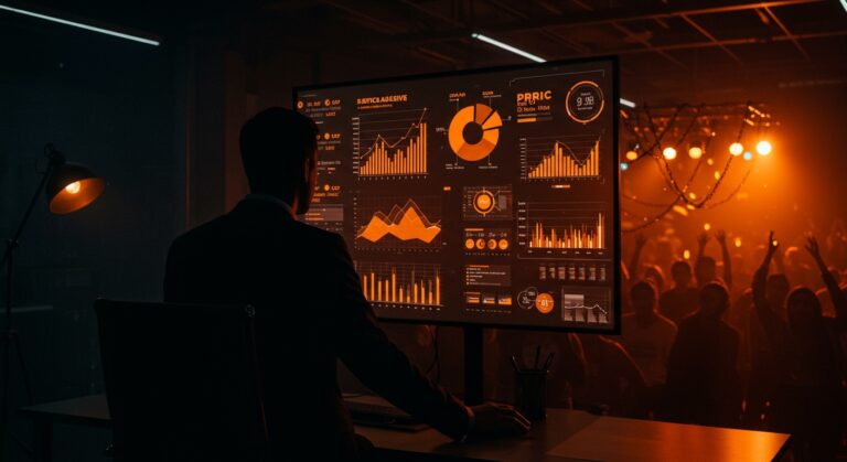 Imagen editorial que representa el monopolio de Live Nation y Ticketmaster con precios abusivos y juicio antimonopolio, en contexto de mercado de venta de entradas online.