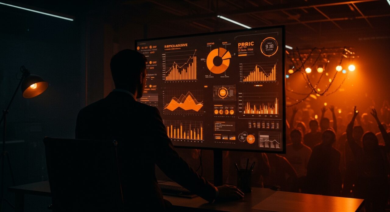 Imagen editorial que representa el monopolio de Live Nation y Ticketmaster con precios abusivos y juicio antimonopolio, en contexto de mercado de venta de entradas online.