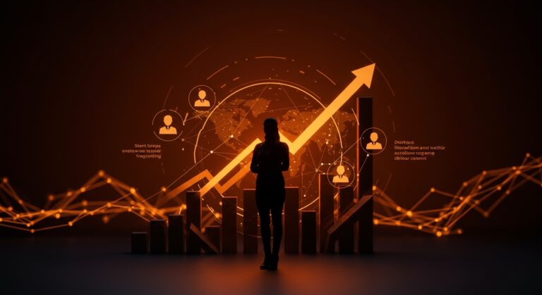 Startups lideradas por mujeres con mentoría y oportunidades globales representadas mediante una emprendedora y redes digitales en tonos naranja y negro.