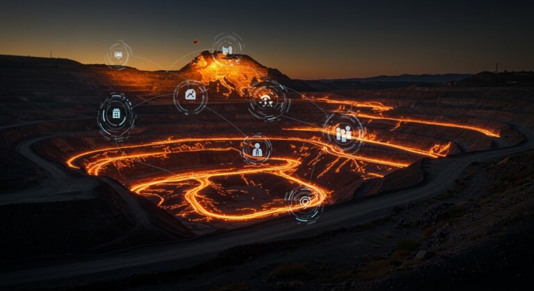 Vista cinematográfica de la minería de tierras raras en Campo de Montiel destacando su aporte a la soberanía tecnológica europea y minería sostenible.