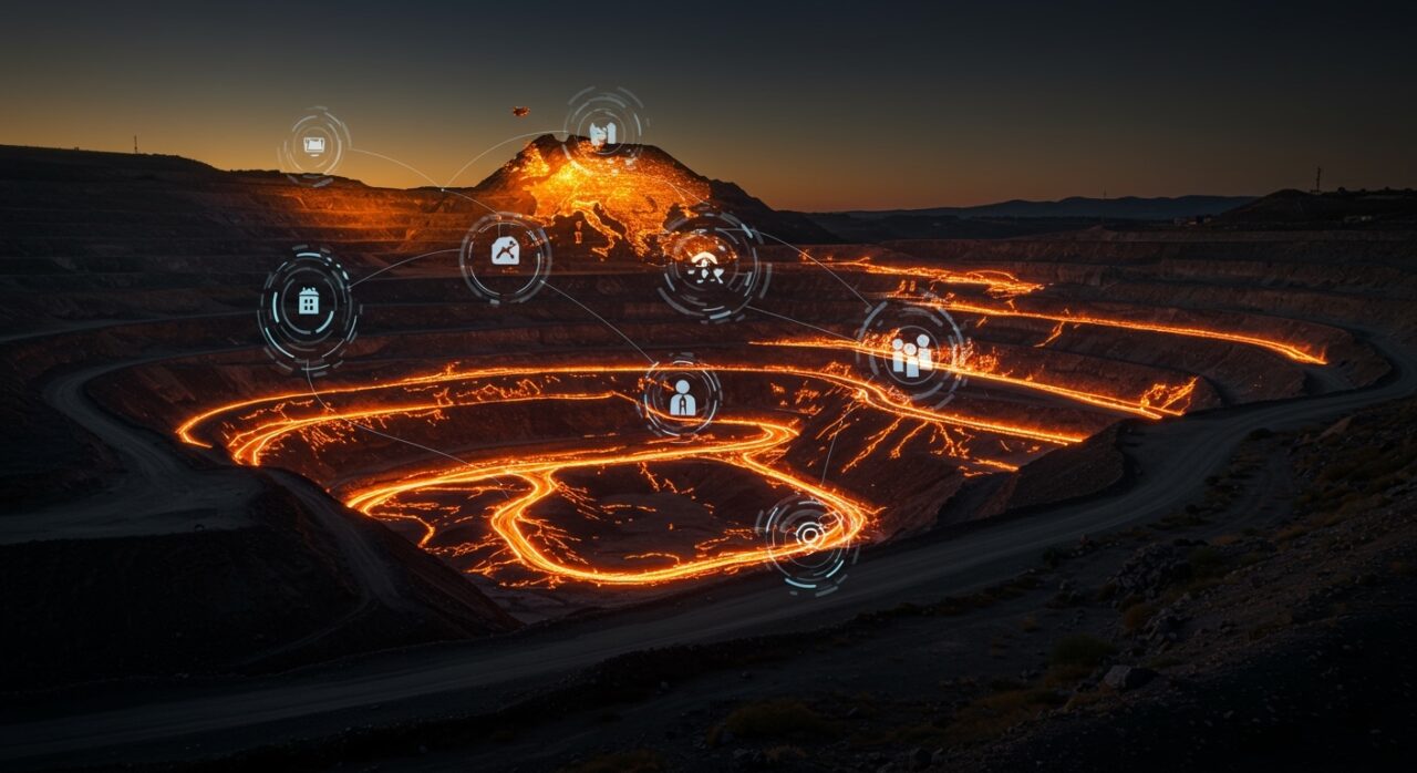 Vista cinematográfica de la minería de tierras raras en Campo de Montiel destacando su aporte a la soberanía tecnológica europea y minería sostenible.