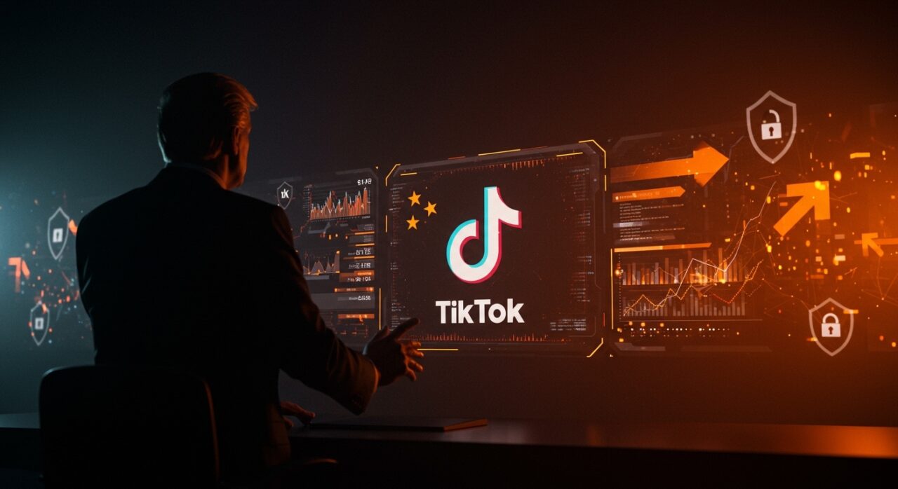 Análisis visual del acuerdo TikTok de $14B bajo la administración Trump, mostrando temas de inversión, seguridad nacional y tendencias del mercado tecnológico 2026.