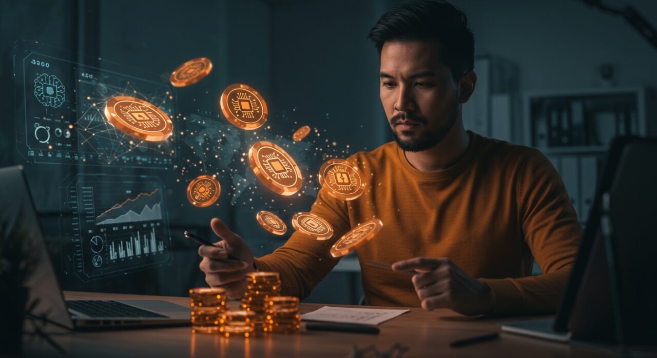 Founder tecnológico gestionando tokens IA en un entorno futurista, simbolizando la inteligencia artificial aplicada y el desarrollo de productos inteligentes.