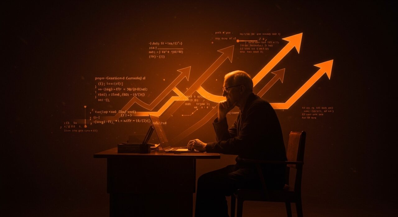 Tony Hoare con representaciones holográficas de quicksort y algoritmos, destacando su legado en la historia de la computación y su inspiración para founders tech.