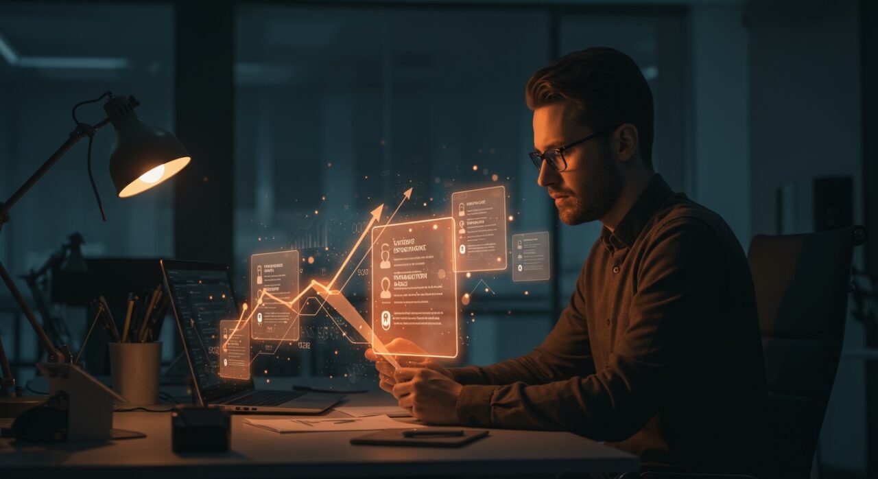 Actualización de términos de servicio por email y uso continuado en SaaS representado con hologramas digitales en tonos naranja y negro, destacando consentimiento tácito y aspectos legales clave.