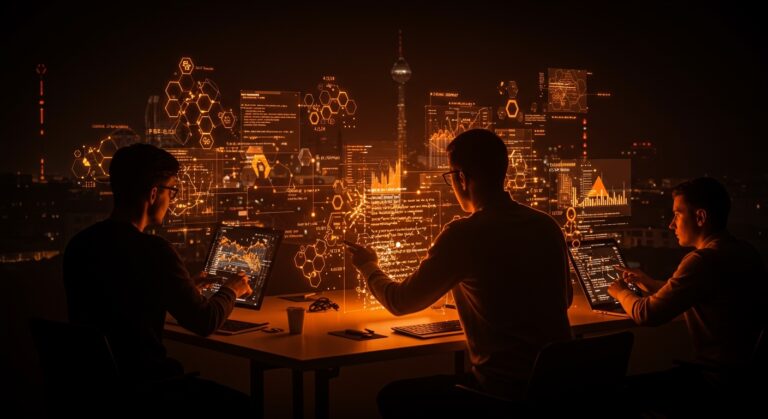 Data engineers trabajando en pipelines de datos IA en startup Tower en Berlín cerrando ronda de financiación, visualizando la orquestación avanzada y el paso del código IA a producción.