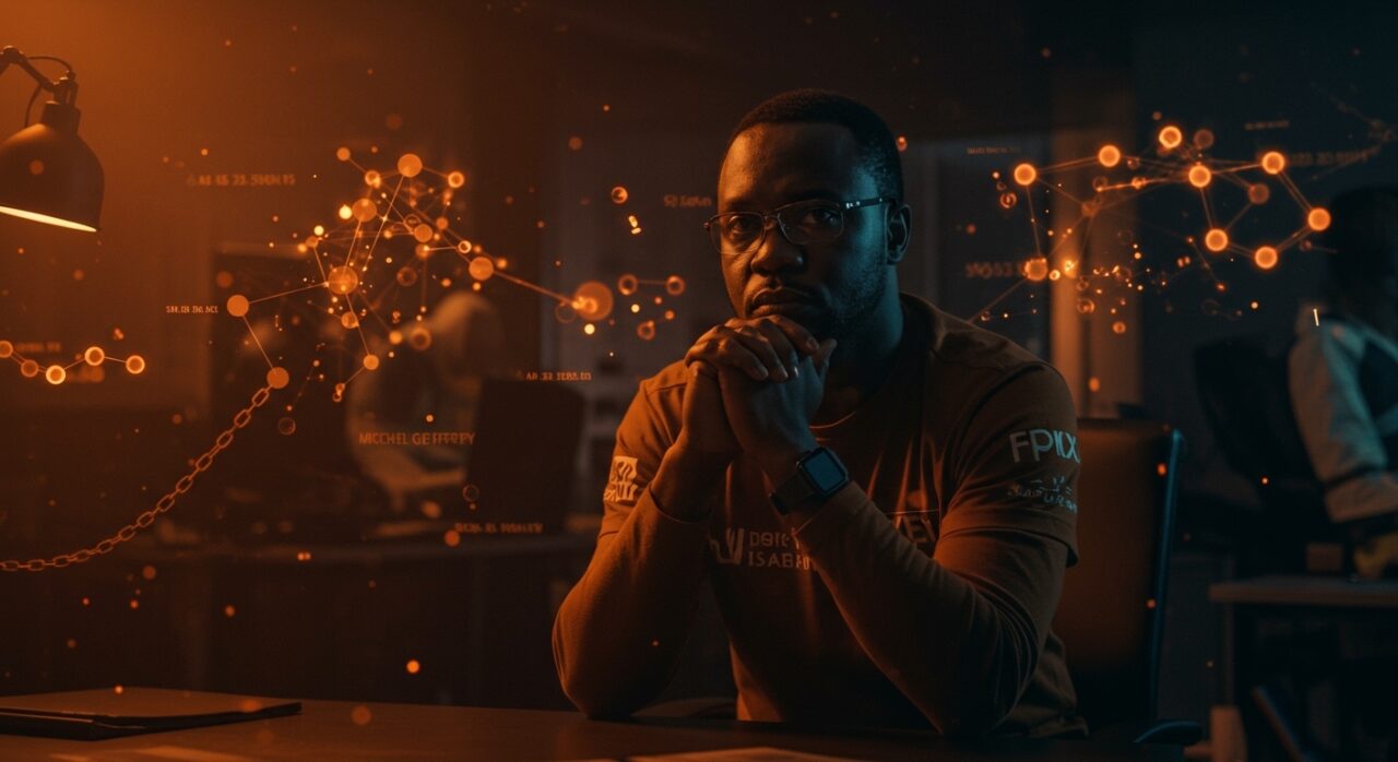 Retrato de líder sindical de trabajadores de IA en Kenia con símbolos visuales de trauma laboral, ética y organización sindical en tecnología.