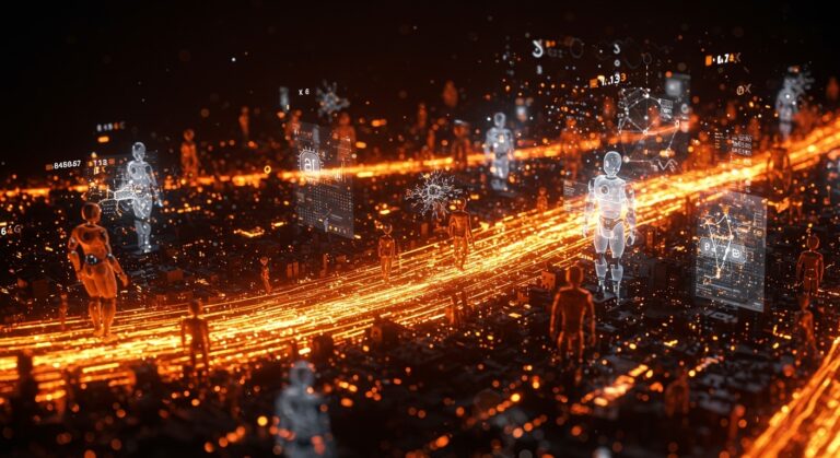 Imagen editorial de tráfico web dominado por bots e inteligencia artificial con metáforas visuales de automatización y modelos de lenguaje.