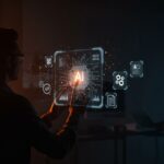 Transparencia en IA para startups tecnológicas mostrando interfaz holográfica con redes neuronales y símbolos de ética y escalabilidad en inteligencia artificial.