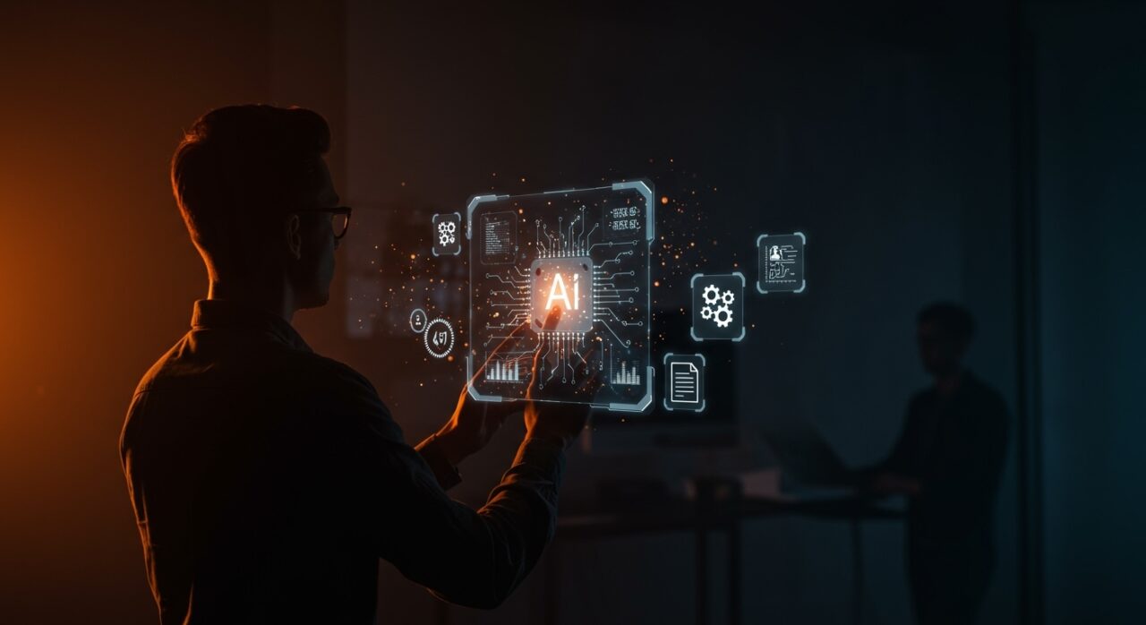 Transparencia en IA para startups tecnológicas mostrando interfaz holográfica con redes neuronales y símbolos de ética y escalabilidad en inteligencia artificial.