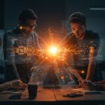 Transparencia en IA para startups tecnológicas en LATAM, mostrando founders colaborando con interfaces digitales y metáforas de ética y regulación.