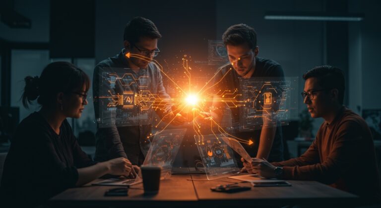 Transparencia en IA para startups tecnológicas en LATAM, mostrando founders colaborando con interfaces digitales y metáforas de ética y regulación.