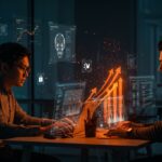 Startup tech colaborando sobre pantallas holográficas que muestran transparencia y licencias en inteligencia artificial y modelos open source.