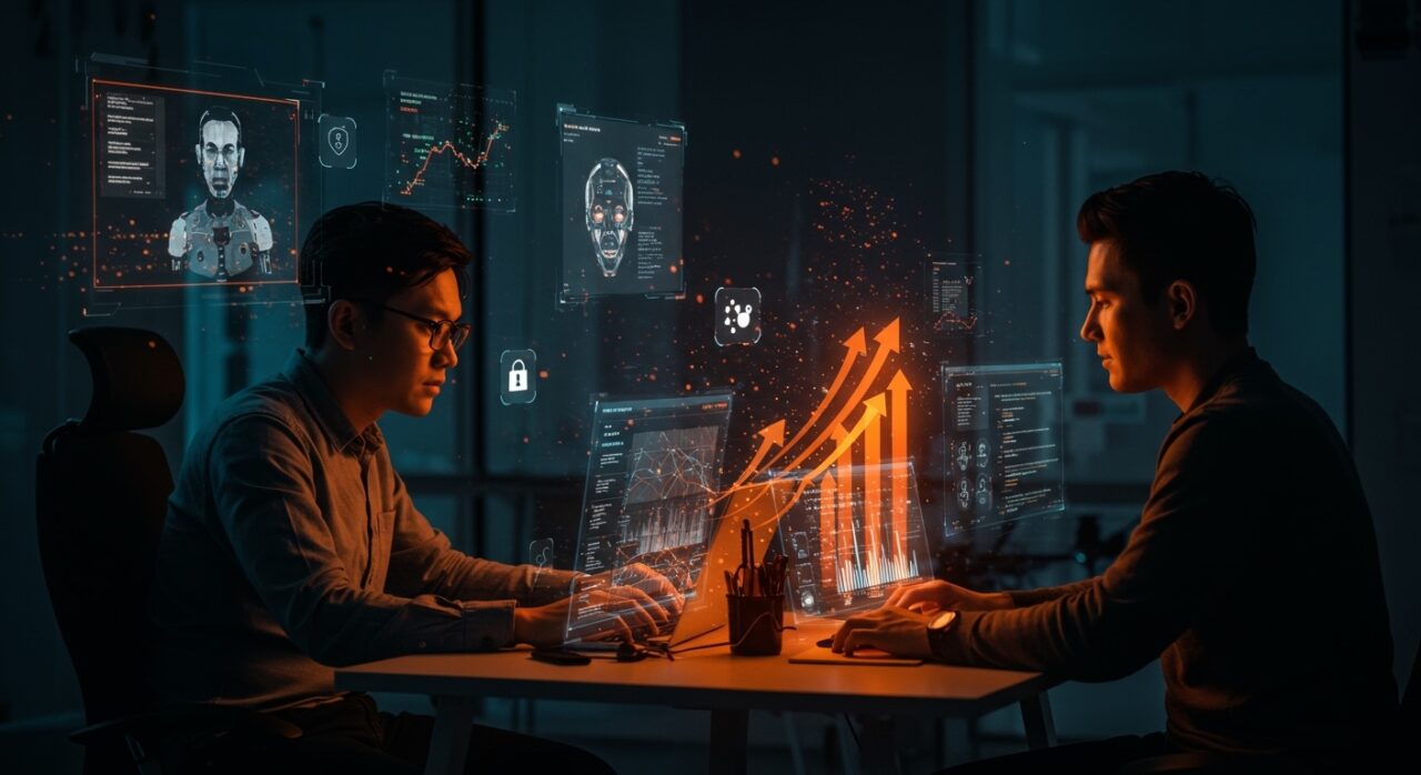 Startup tech colaborando sobre pantallas holográficas que muestran transparencia y licencias en inteligencia artificial y modelos open source.