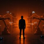 Travis Kalanick presentando la startup de robótica Atoms en un entorno futurista de automatización de almacenes, representando innovación en robots industriales y tecnología startup.