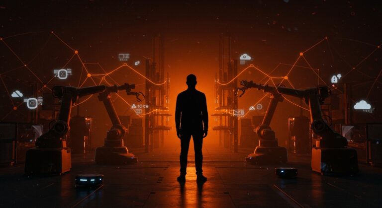 Travis Kalanick presentando la startup de robótica Atoms en un entorno futurista de automatización de almacenes, representando innovación en robots industriales y tecnología startup.