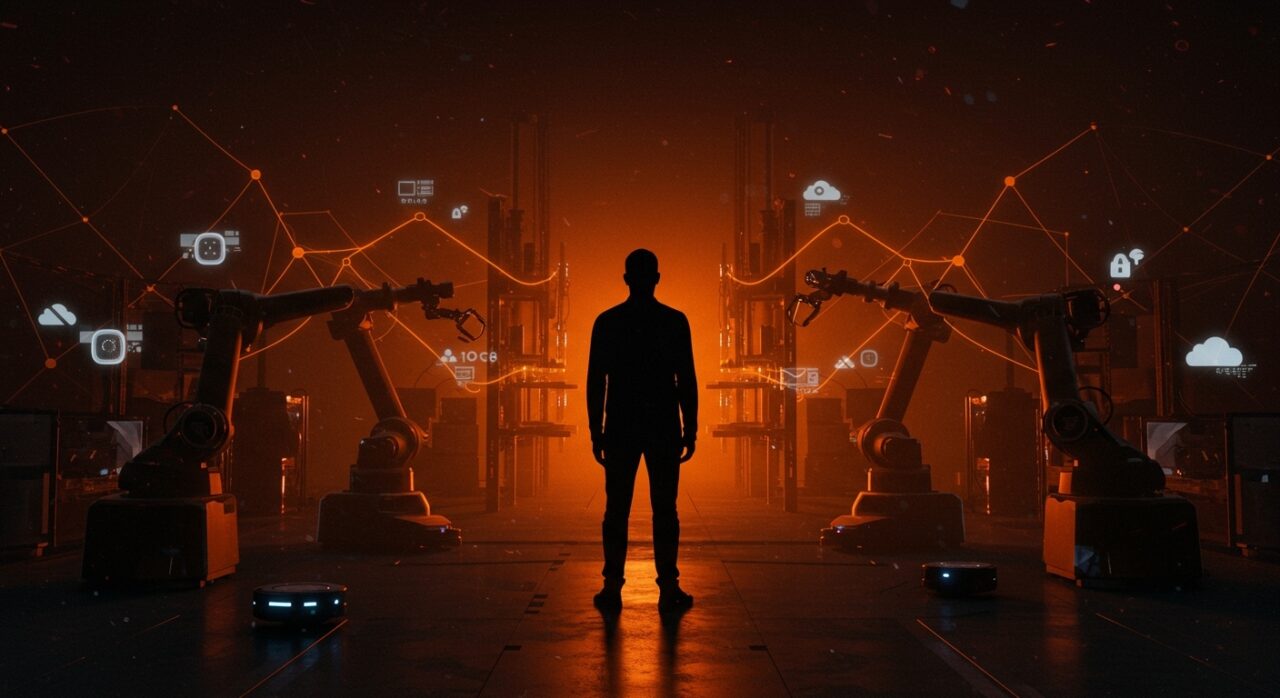 Travis Kalanick presentando la startup de robótica Atoms en un entorno futurista de automatización de almacenes, representando innovación en robots industriales y tecnología startup.