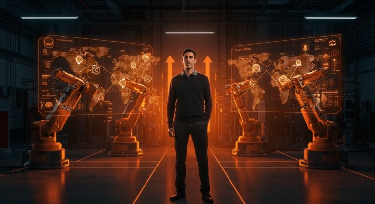 Travis Kalanick en un laboratorio de robótica industrial destacando su regreso con la startup Atoms y tendencias de movilidad autónoma para 2026.