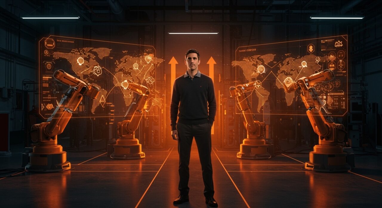 Travis Kalanick en un laboratorio de robótica industrial destacando su regreso con la startup Atoms y tendencias de movilidad autónoma para 2026.