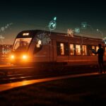 Trenes nocturnos en movilidad sostenible con símbolos de eco-emprendimiento y tendencias en transporte europeo.