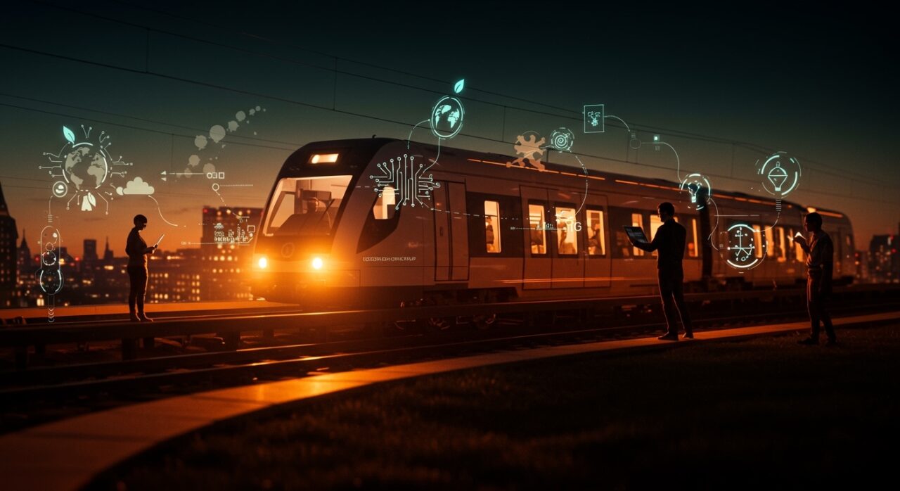 Trenes nocturnos en movilidad sostenible con símbolos de eco-emprendimiento y tendencias en transporte europeo.