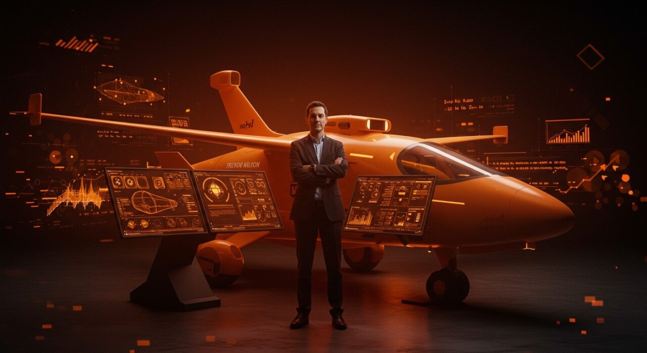 Trevor Milton junto a un avión autónomo tecnológico destacando innovación en IA y funding para movilidad autónoma.