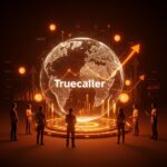Ilustración editorial que muestra el crecimiento global y la monetización de Truecaller con 500 millones de usuarios activos y modelos de pago SaaS.