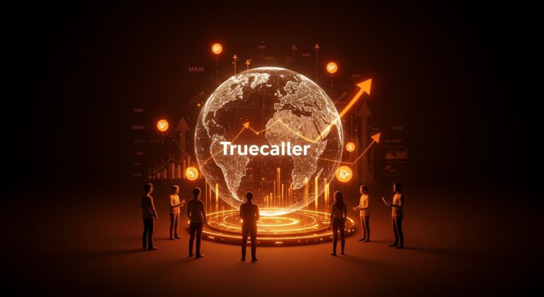 Ilustración editorial que muestra el crecimiento global y la monetización de Truecaller con 500 millones de usuarios activos y modelos de pago SaaS.
