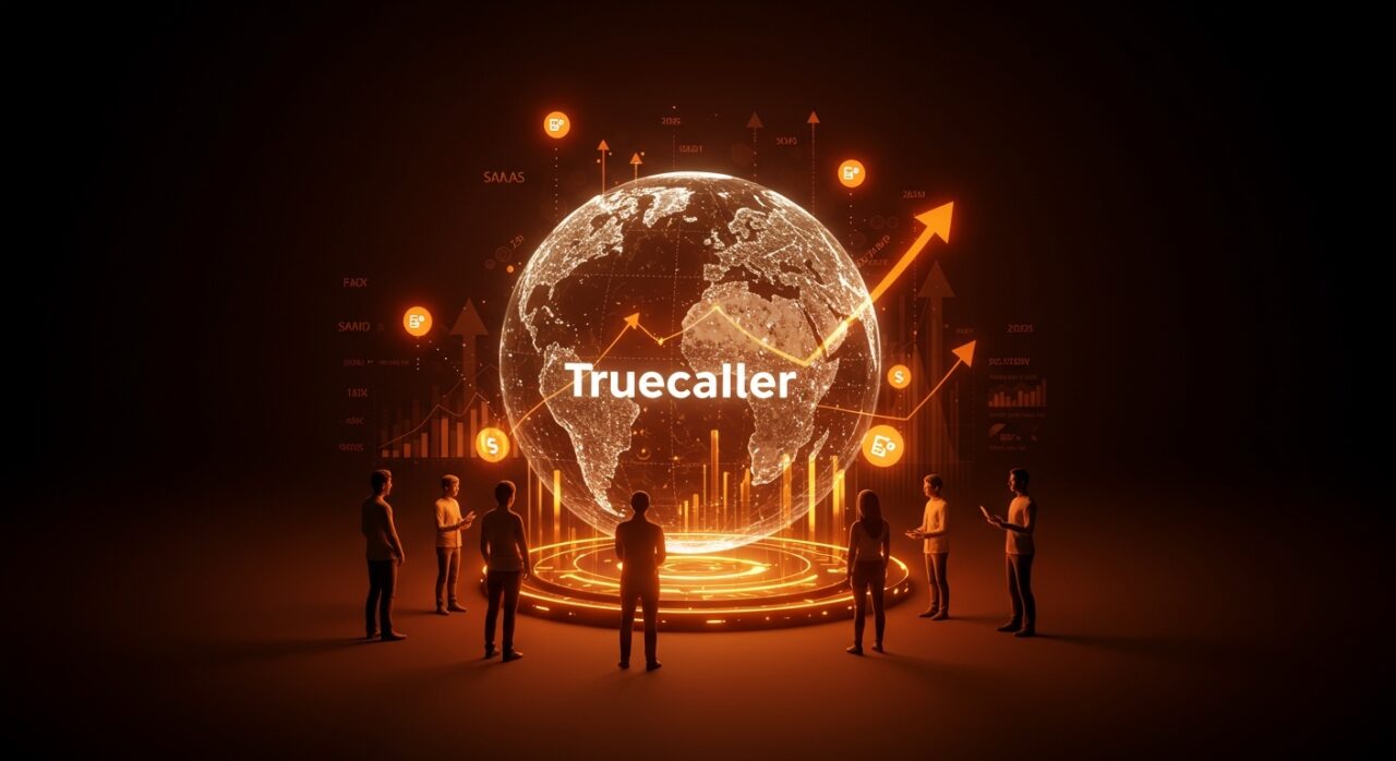 Ilustración editorial que muestra el crecimiento global y la monetización de Truecaller con 500 millones de usuarios activos y modelos de pago SaaS.