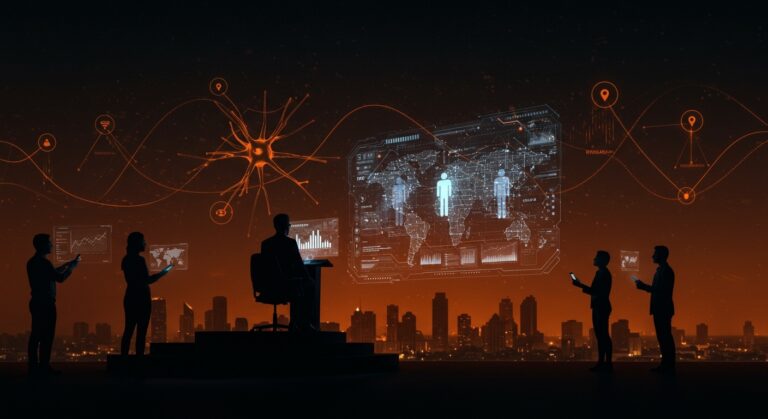 Marco federal de regulación de IA en EE. UU. ilustrado con líder político, startups y redes neuronales representando innovación y competencia global.