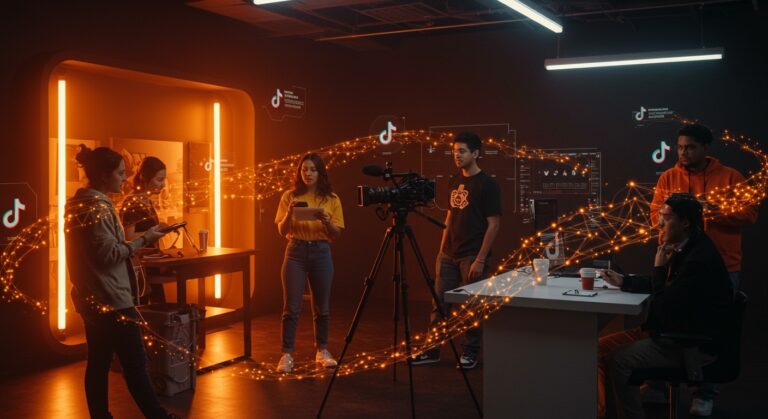 Creadores de contenido de TikTok colaborando en incubadora de streaming para contenido original con Tubi en un ambiente moderno y tecnológico.