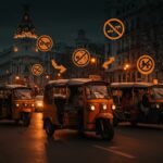 Tuk tuk turísticos en Madrid enfrentando sanciones y debate regulatorio sobre movilidad y turismo.