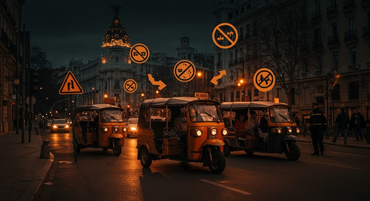 Tuk tuk turísticos en Madrid enfrentando sanciones y debate regulatorio sobre movilidad y turismo.
