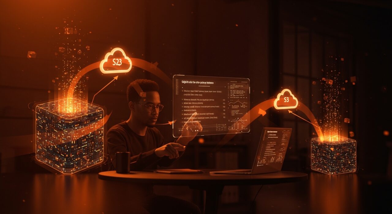Fundador interactuando con consultas SQLite ultra-rápidas sobre almacenamiento en la nube S3, destacando bases de datos cloud-native seguras y escalables con Rust y compresión.