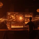 Visualización de un espacio tecnológico con interfaces holográficas que representa la cuantización extrema y la eficiencia en IA aplicada con TurboQuant.