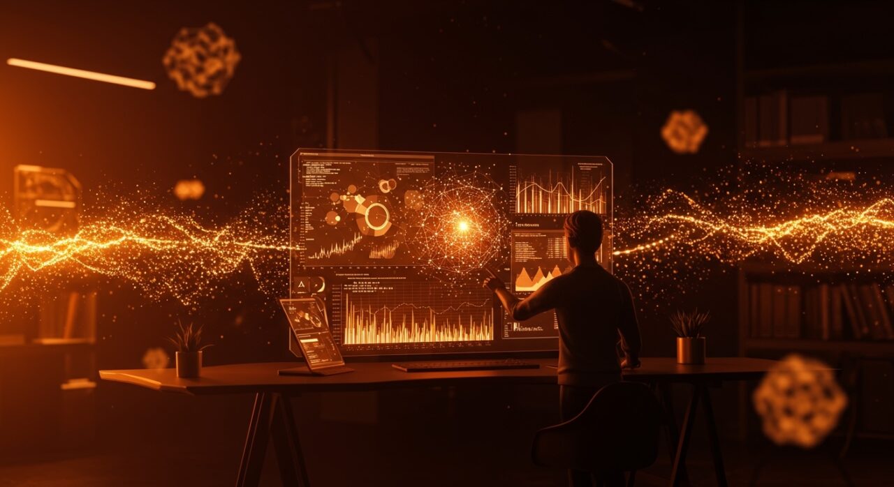 Visualización de un espacio tecnológico con interfaces holográficas que representa la cuantización extrema y la eficiencia en IA aplicada con TurboQuant.