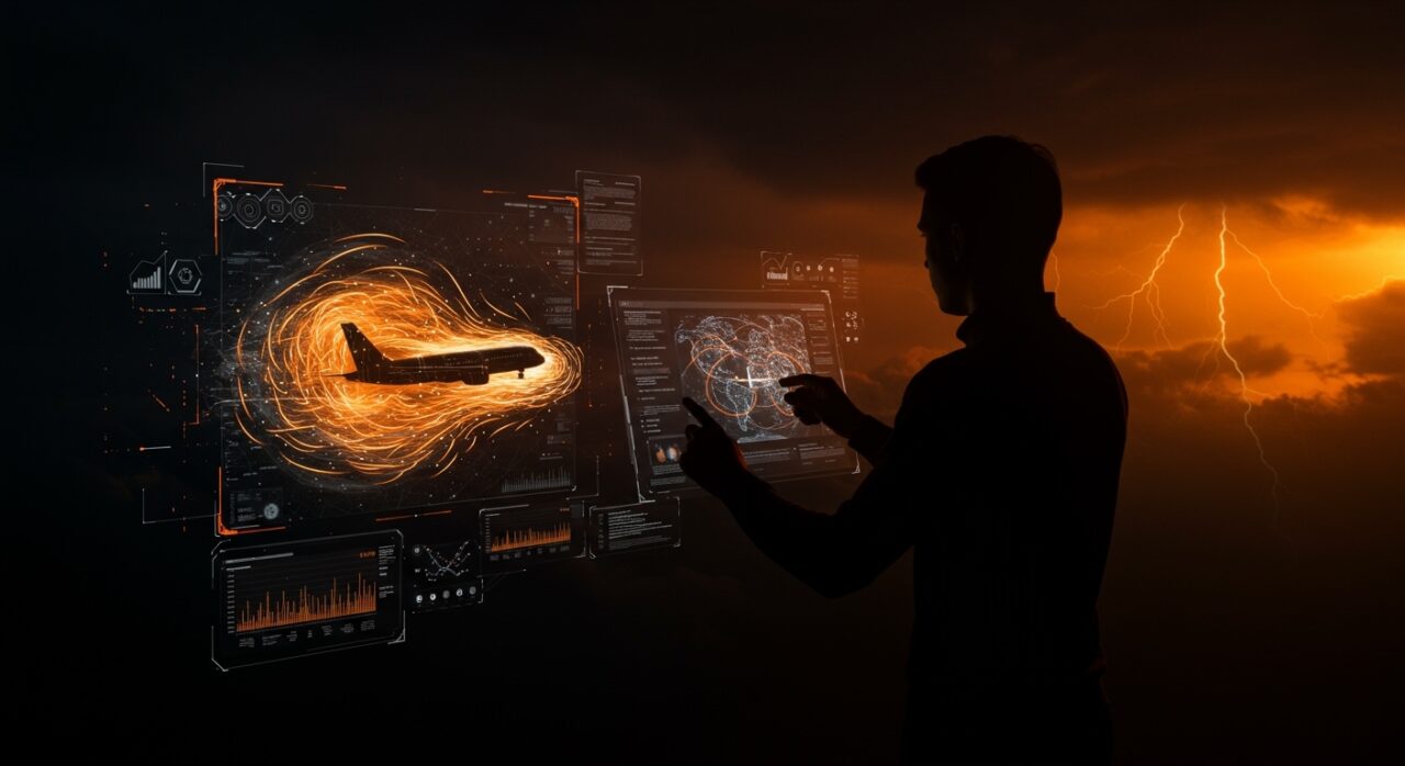 Fundador tech visualizando predicción de turbulencias aéreas incrementadas por cambio climático con modelos de inteligencia artificial en aviación comercial.