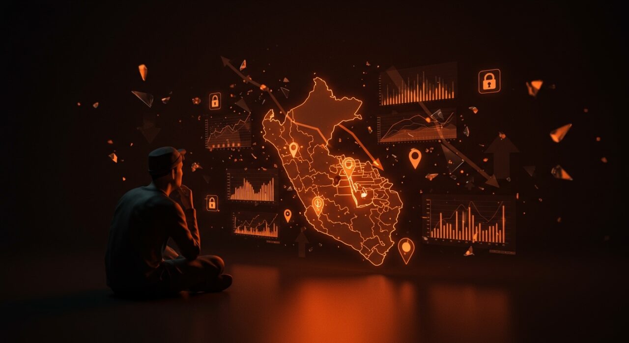 Founder observando mapa digital de turismo en Perú con iconos de Machu Picchu, ilustrando retos y oportunidades en el mercado turístico LATAM.