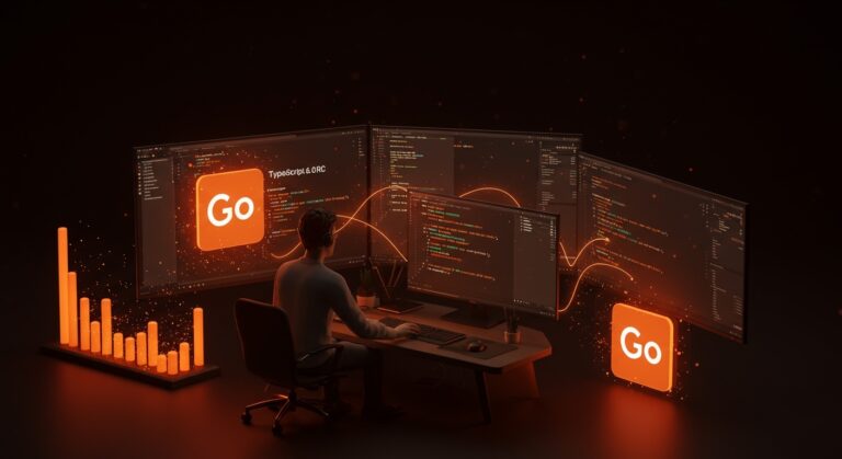Imagen conceptual de transición en TypeScript 6.0 RC hacia TypeScript 7.0 con compilador nativo en Go, destacando migración y nuevas características.