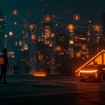 Robotaxi futurista de Uber en movilidad autónoma destacando alianzas tecnológicas e innovación para el futuro del transporte.